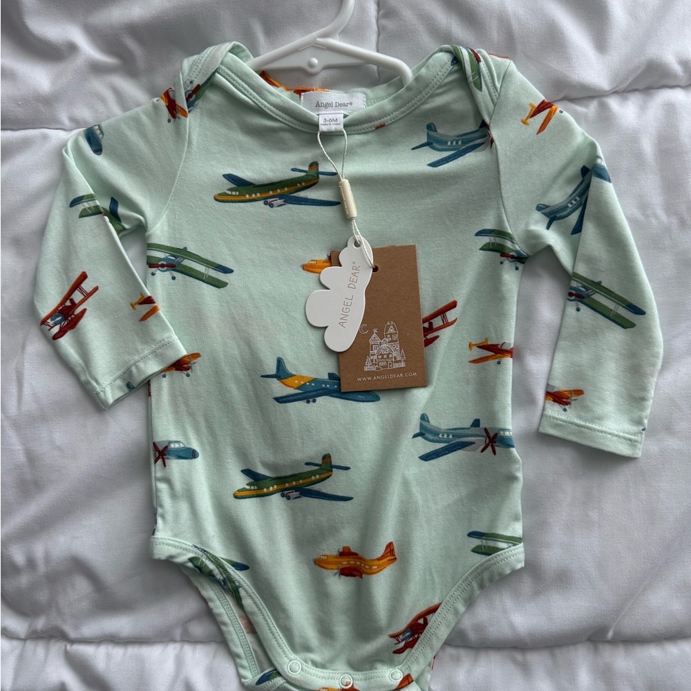 Angel Dear Airplane Patterned Bodysuit in Soft Green